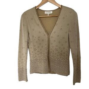 Escada Wool Blend Beige Gold & Pearl Beaded Button Front Cardigan Sweater SZ 34